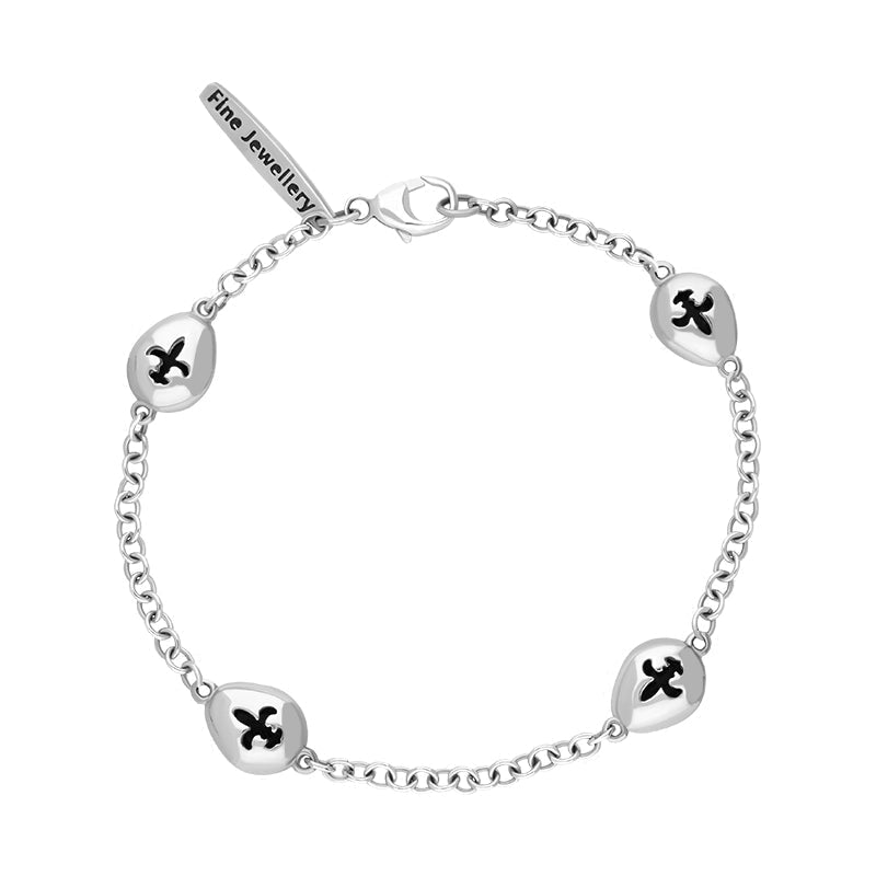 9ct White Gold Whitby Jet Oval Fleur De Lis Detail Four Stone Bracelet - White Gold