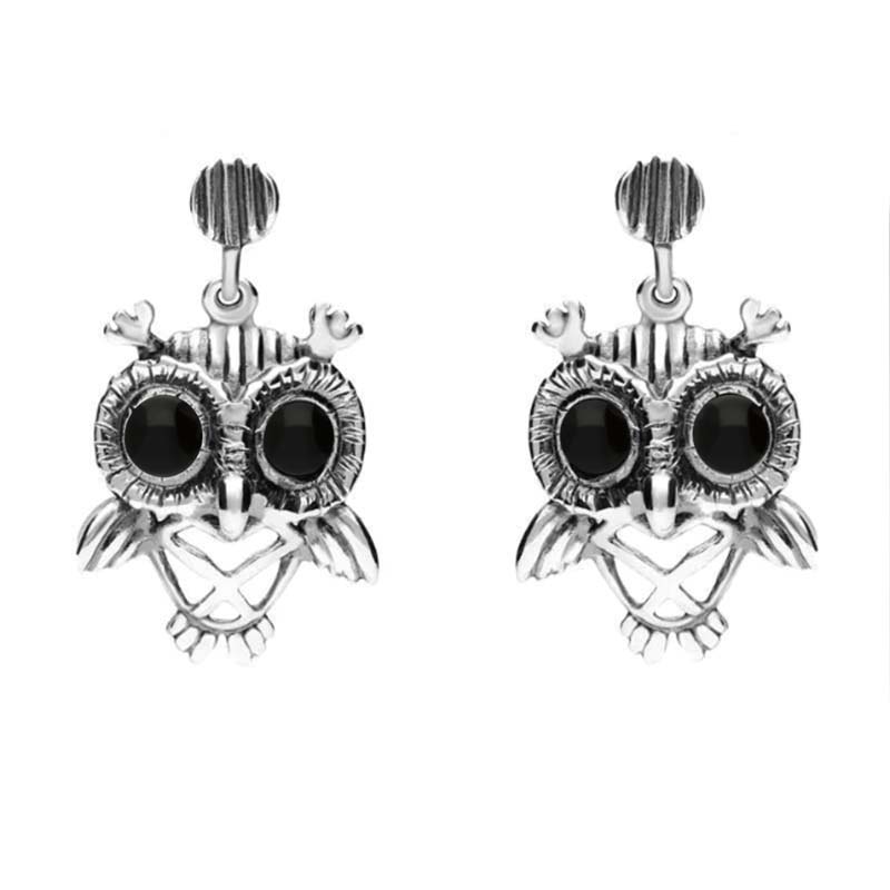 9ct White Gold Whitby Jet Owl Stud Earrings