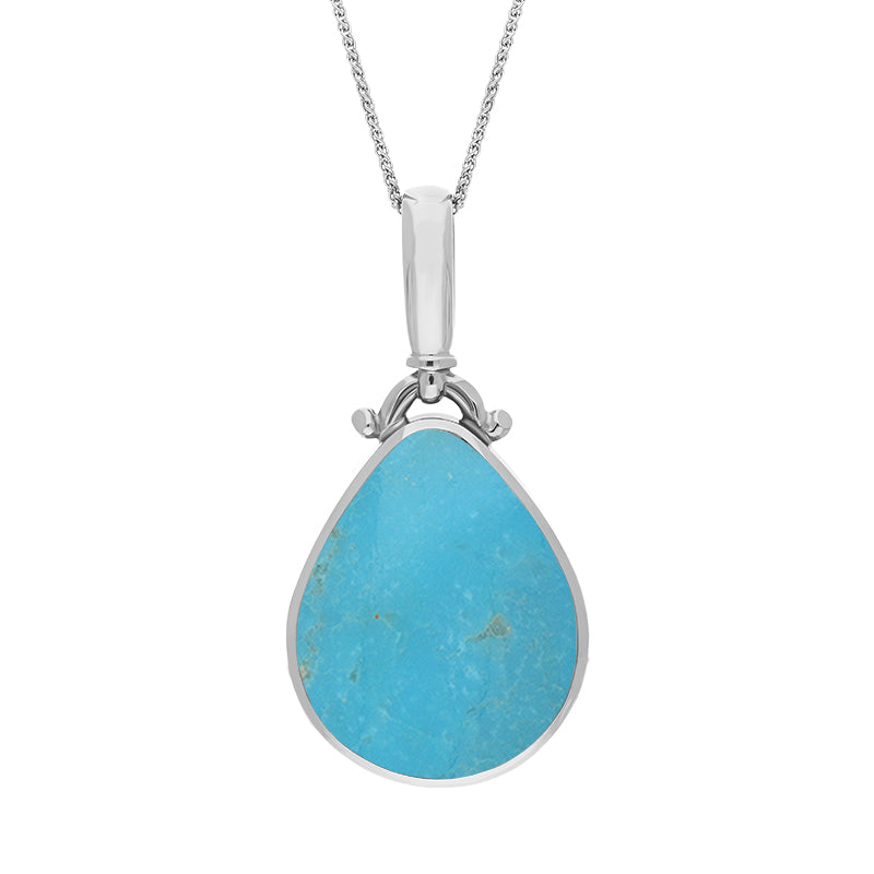 9ct White Gold Whitby Jet Turquoise Double Sided Pear Fob Necklace - White Gold