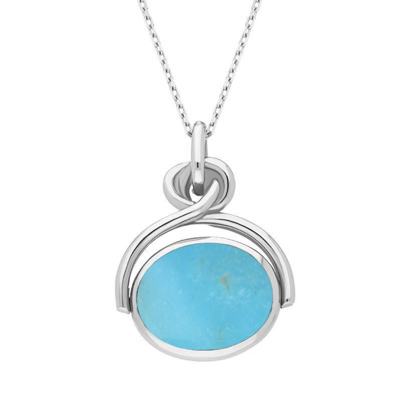 9ct White Gold Whitby Jet Turquoise Oval Swivel Fob Necklace - White Gold