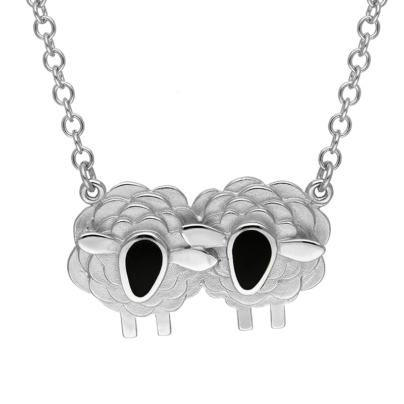 9ct White Gold Whitby Jet Two Large Sheep Necklace - Gold
