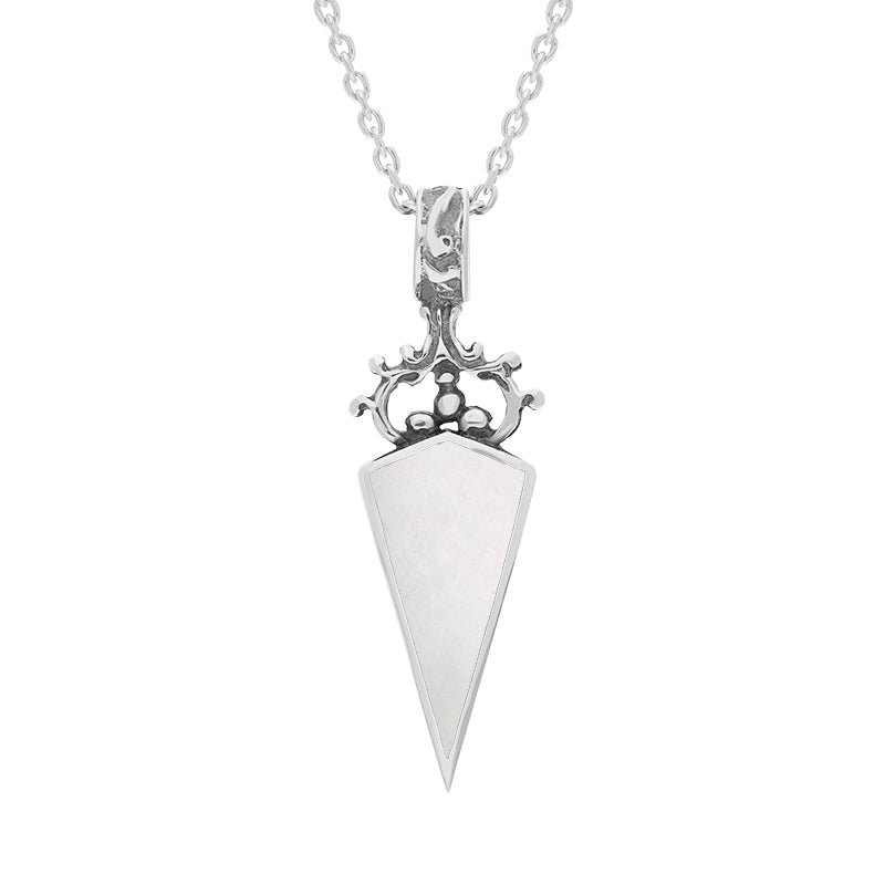 9ct White Gold Whitby Jet Mother Of Pearl Double Sided Dagger Fob Necklace - White Gold