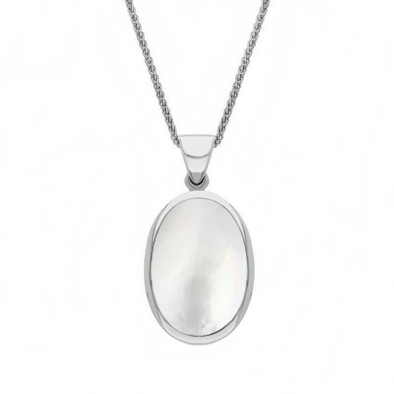 9ct White Gold Whitby Jet White Mother Of Pearl Small Double Sided Fob Necklace