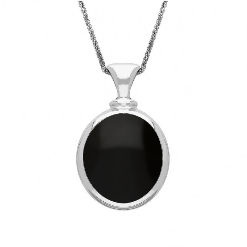 9ct White Gold Whitby Jet Mother Of Pearl Small Double Sided Oval Fob Necklace - White Gold