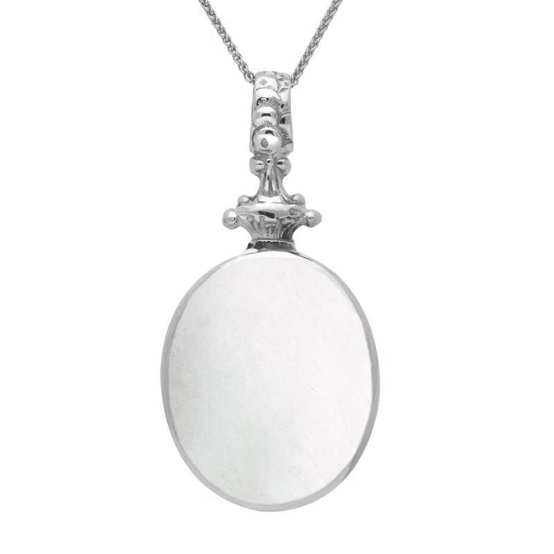 9ct White Gold Whitby Jet White Mother Of Pearl Double Sided Oval Fob Necklace - White Gold