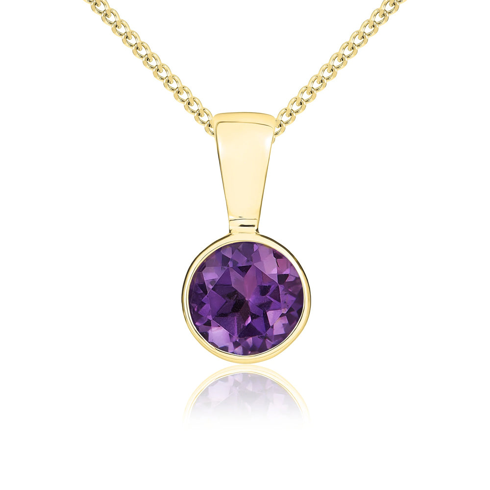9ct Yellow Gold Amethyst 5mm Round Rub Over Set Necklace - Gold