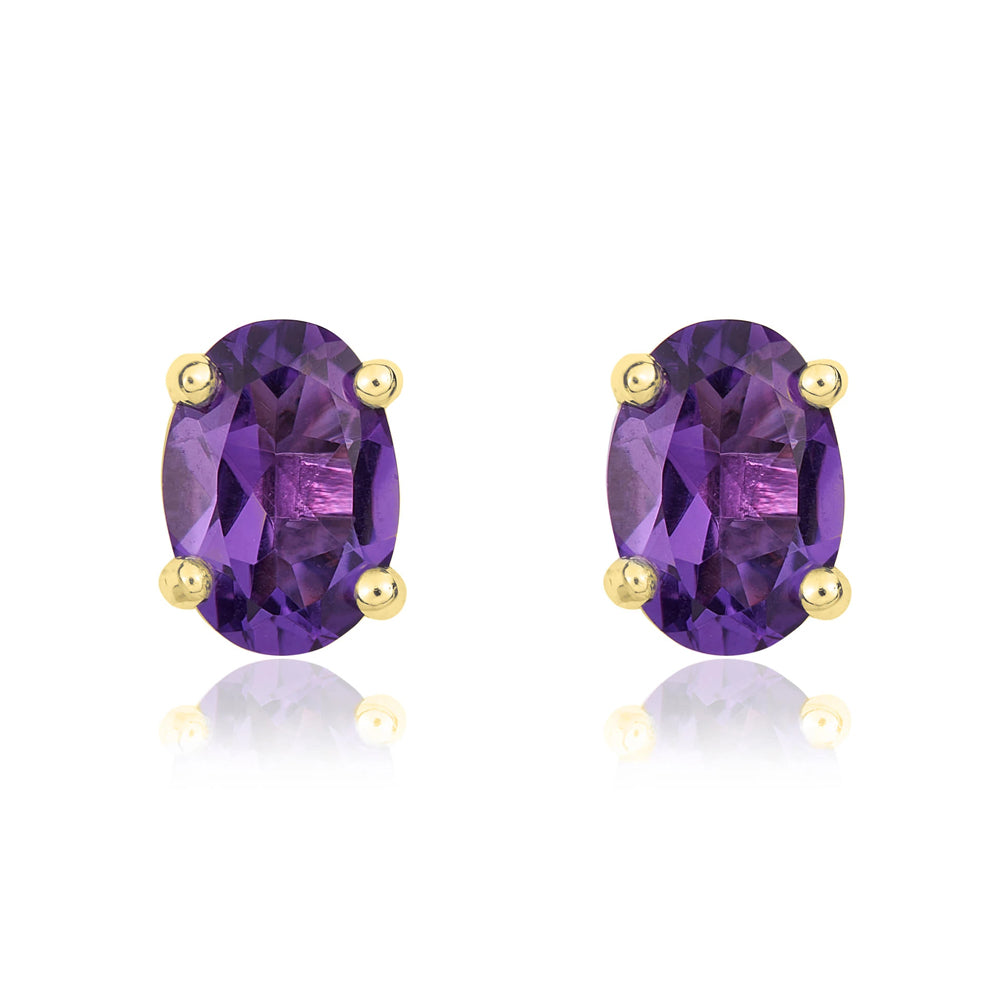 9ct Yellow Gold Amethyst 7x5mm Oval Claw Set Stud Earrings - Gold