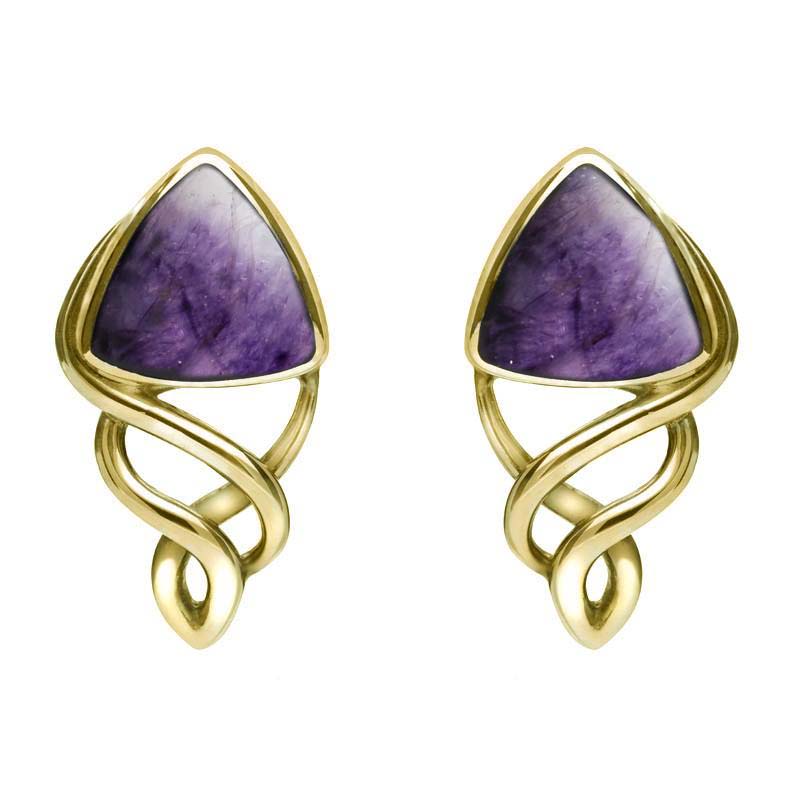 9ct Yellow Gold Blue John Curve Triangle Celtic Stud Earrings - Yellow Gold