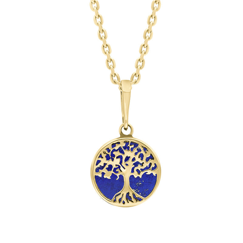 9ct Yellow Gold Small Lapis Lazuli Round Tree of Life Necklace - Gold