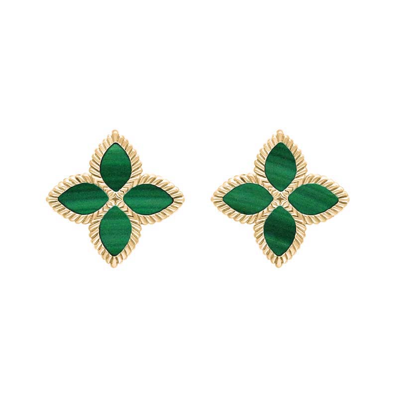 9ct Yellow Gold Malachite Bloom Marquise Flower Stud Earrings - Gold