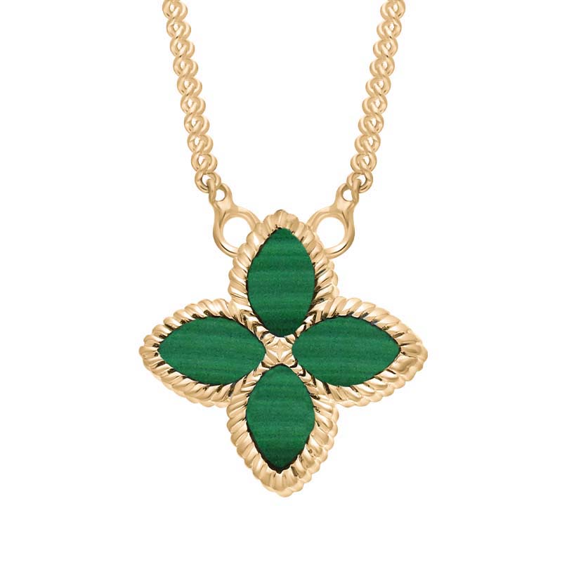 9ct Yellow Gold Malachite Bloom Small Marquise Flower Necklace - Gold