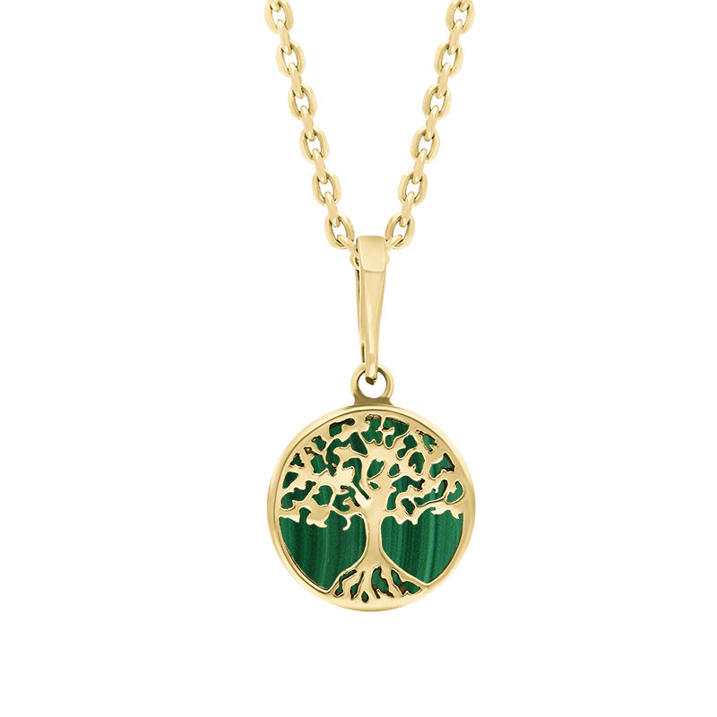 9ct Yellow Gold Small Malachite Round Tree of Life Necklace - Gold