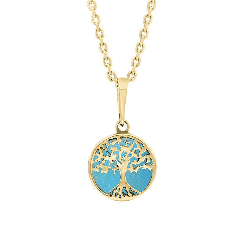 9ct Yellow Gold Small Turquoise Round Tree of Life Necklace - Gold