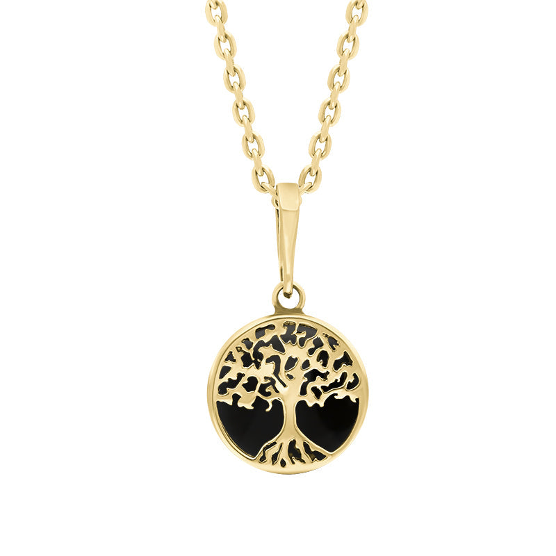 9ct Yellow Gold Small Whitby Jet Round Tree of Life Necklace - Gold