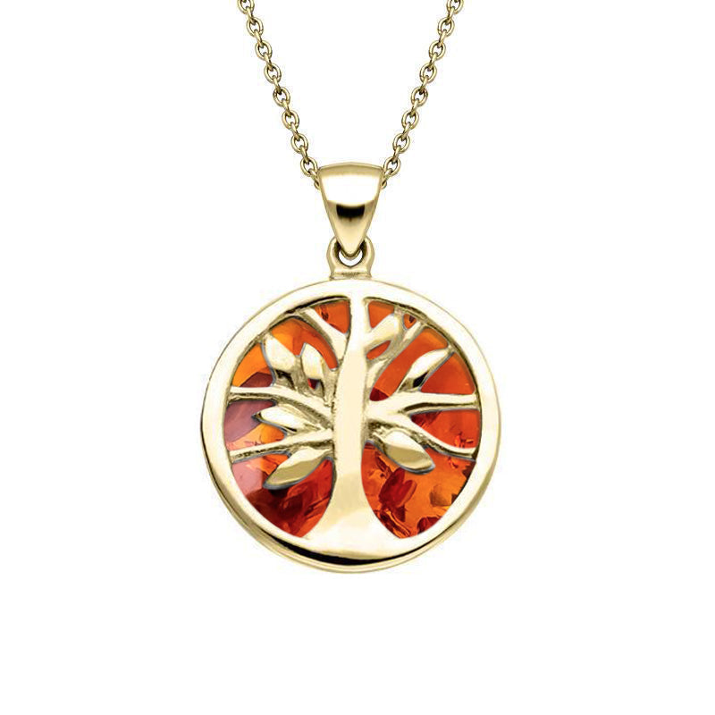 9ct Yellow Gold Amber Small Round Tree of Life Necklace