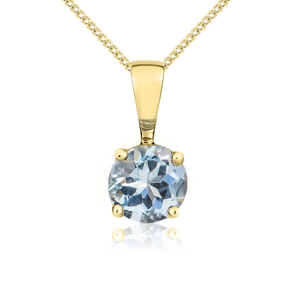 9ct Yellow Gold Aquamarine 5mm Round Claw Set Necklace - Gold