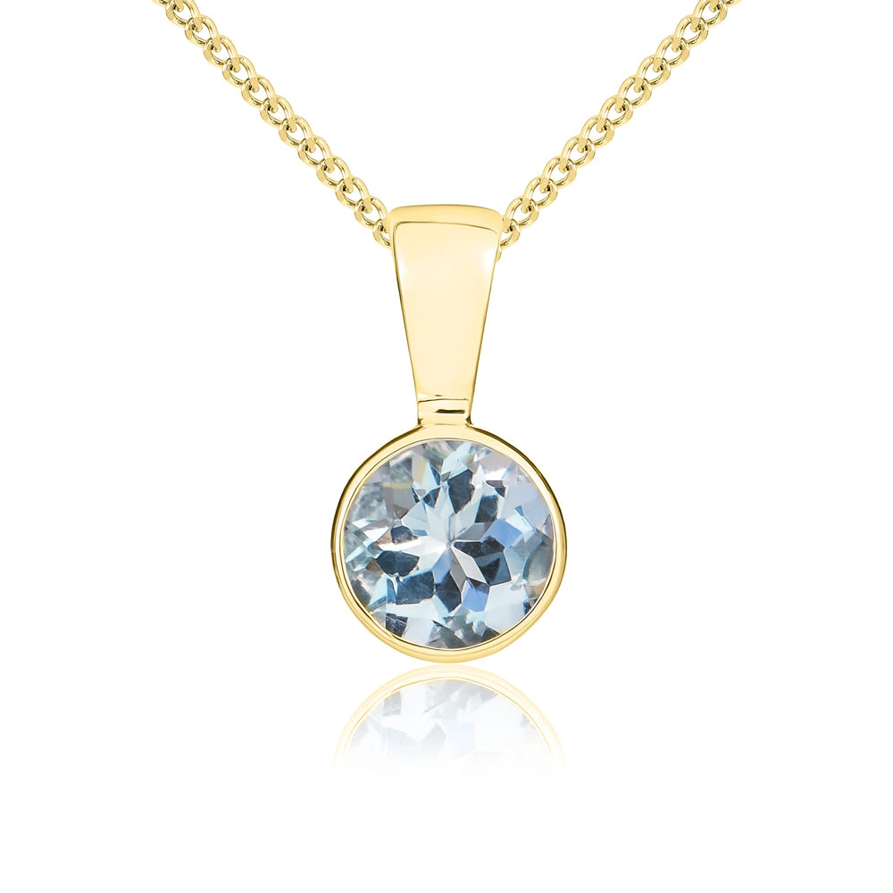 9ct Yellow Gold Aquamarine 5mm Round Rub Over Set Necklace - Gold