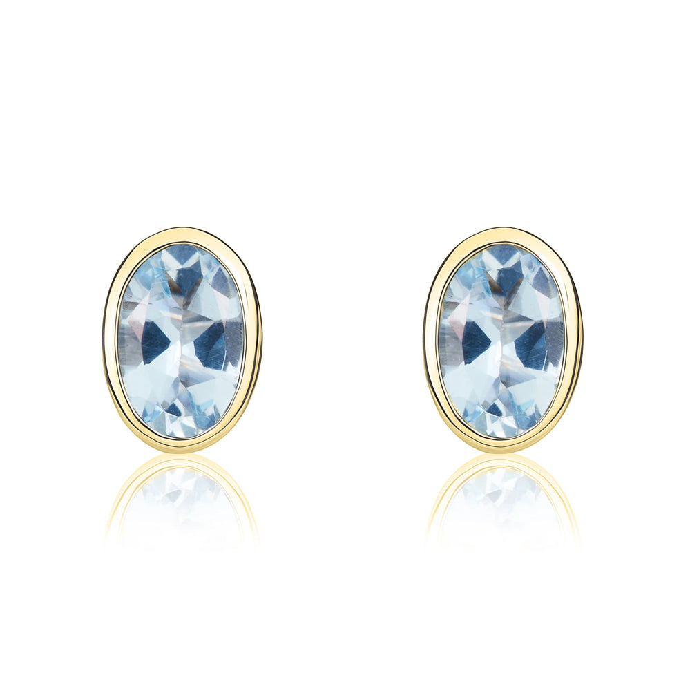 9ct Yellow Gold Aquamarine 6x4mm Oval Rub Over Set Stud Earrings - Gold