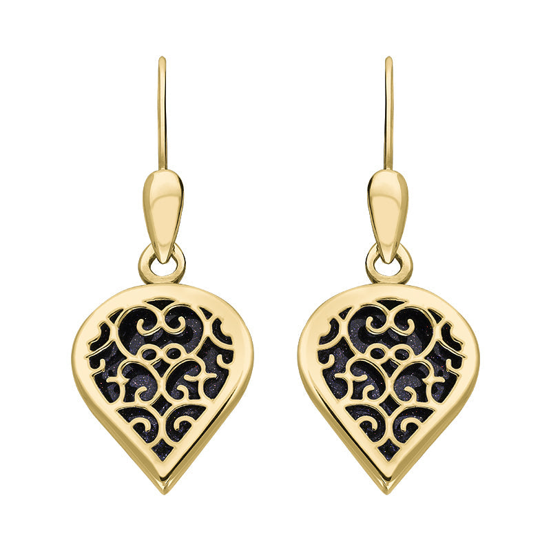 9ct Yellow Gold Blue Goldstone Flore Filigree Heart Drop Earrings