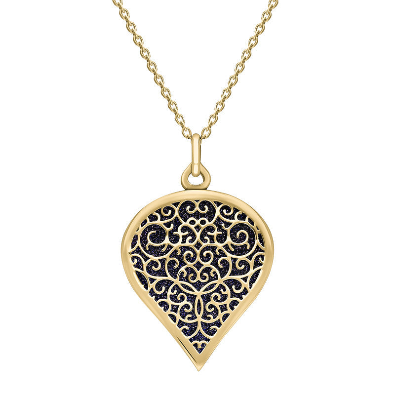 9ct Yellow Gold Blue Goldstone Flore Filigree Large Heart Necklace
