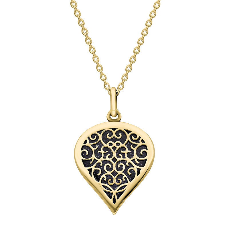 9ct Yellow Gold Blue Goldstone Flore Filigree Medium Heart Necklace