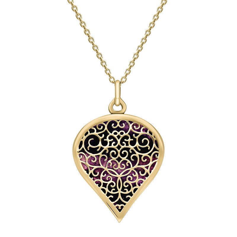 9ct Yellow Gold Blue John Flore Filigree Large Heart Necklace