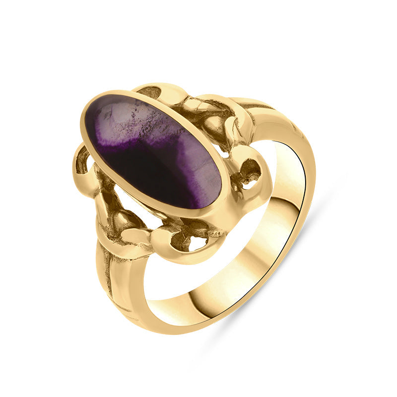 9ct Yellow Gold Blue John Heavy Oval Ornate Edge Ring - Yellow Gold