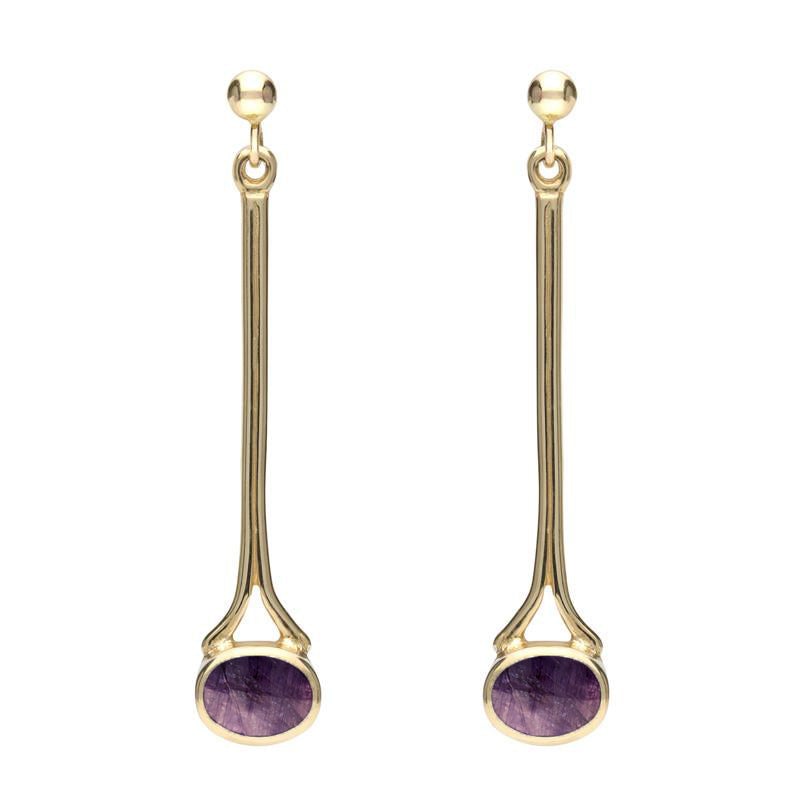 9ct Yellow Gold Blue John Long Drop Earrings - Yellow Gold