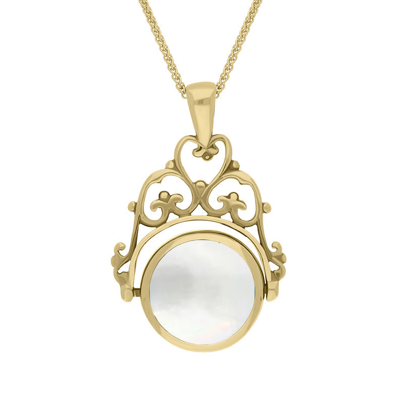 9ct Yellow Gold Blue John Mother Of Pearl Double Sided Round Swivel Fob Necklace - Yellow Gold