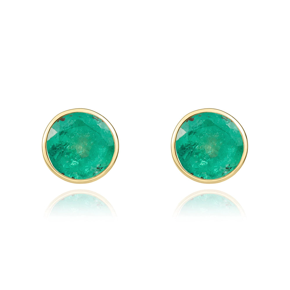 9ct Yellow Gold Emerald 5mm Round Rub Over Set Stud Earrings - Gold