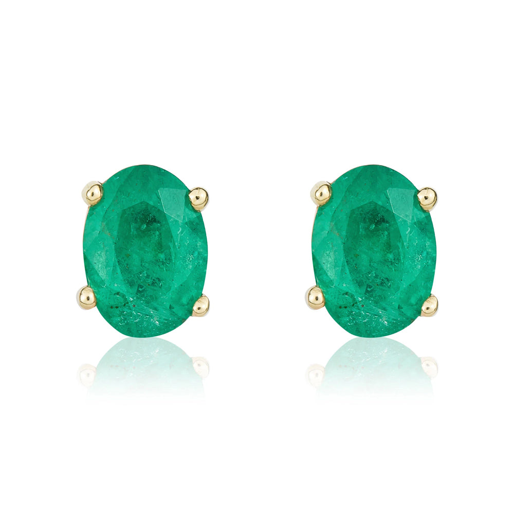 9ct Yellow Gold Emerald 7x5mm Oval Claw Set Stud Earrings - Gold
