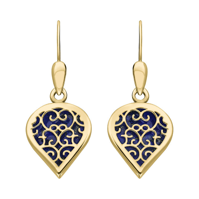 9ct Yellow Gold Lapis Lazuli Flore Filigree Heart Drop Earrings