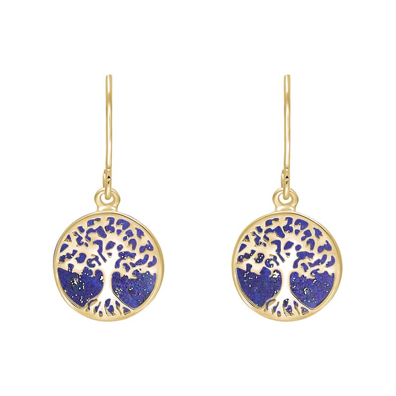 9ct Yellow Gold Lapis Lazuli Round Tree of Life Drop Earrings