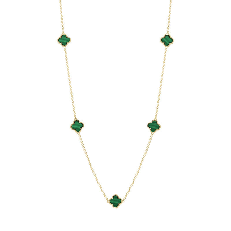 9ct Yellow Gold Malachite Bloom Four Leaf Clover Ball Edge Necklace