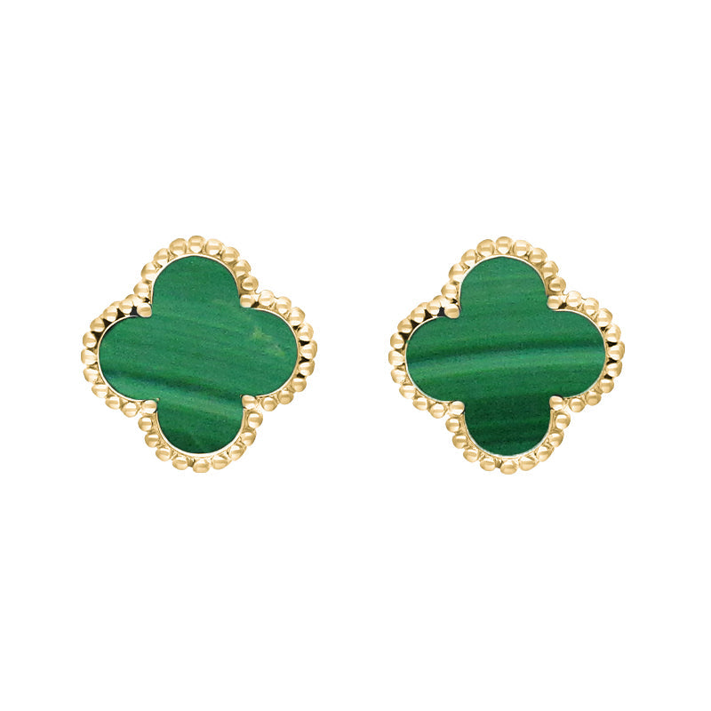 9ct Yellow Gold Malachite Bloom Four Leaf Clover Ball Edge Stud Earrings