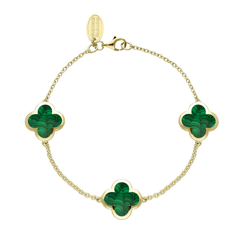9ct Yellow Gold Malachite Bloom Four Leaf Clover Chain Bracelet