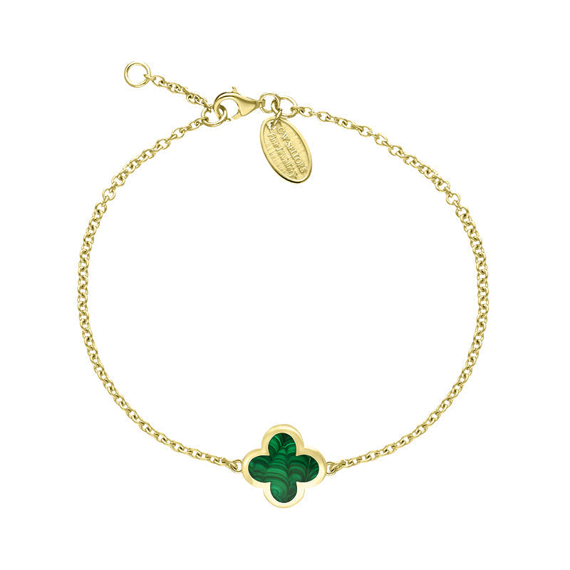 9ct Yellow Gold Malachite Bloom Four Leaf Clover Polished Edge Bracelet