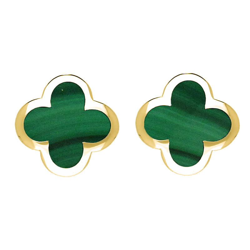 9ct Yellow Gold Malachite Bloom Four Leaf Clover Stud Earrings