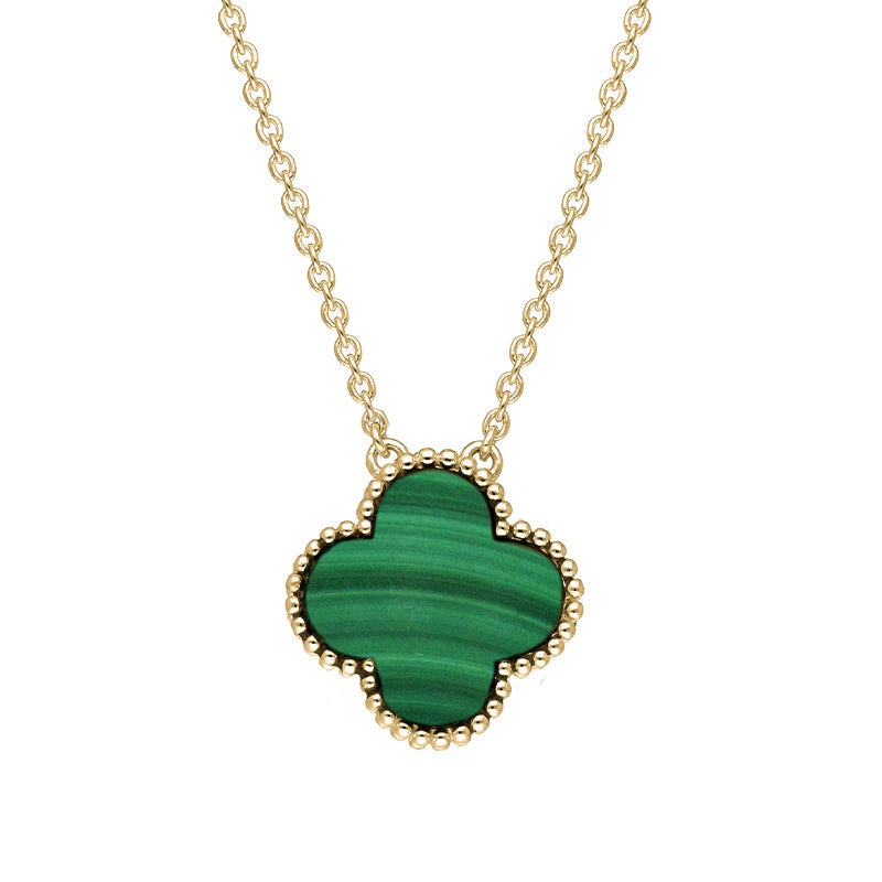 9ct Yellow Gold Malachite Bloom Large Four Leaf Clover Ball Edge Chain Necklet