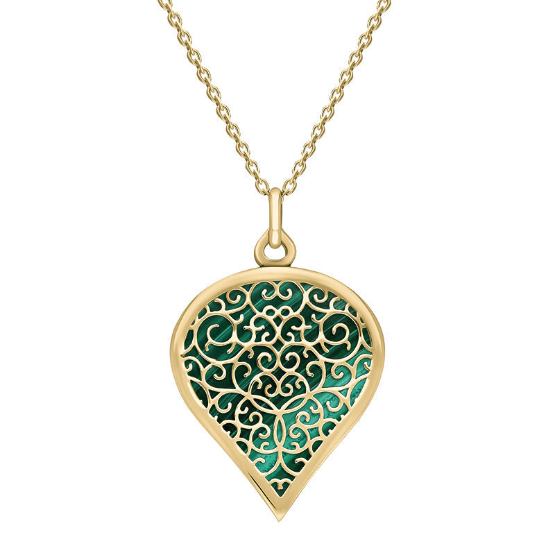 9ct Yellow Gold Malachite Flore Filigree Large Heart Necklace