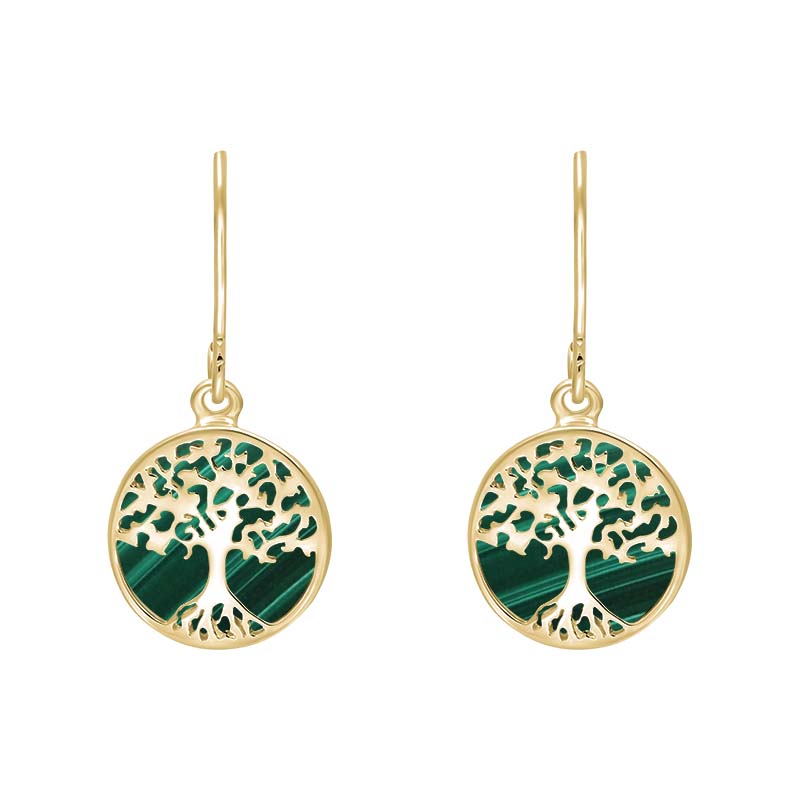 9ct Yellow Gold Malachite Round Tree of Life Drop Earrings