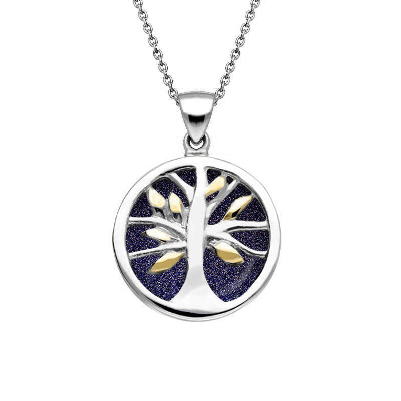 Yellow Gold Plated Sterling Silver Blue Goldstone Small Round Tree of Life Necklace
