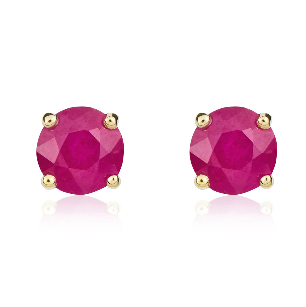 9ct Yellow Gold Ruby 5mm Round Claw Set Stud Earrings - Gold