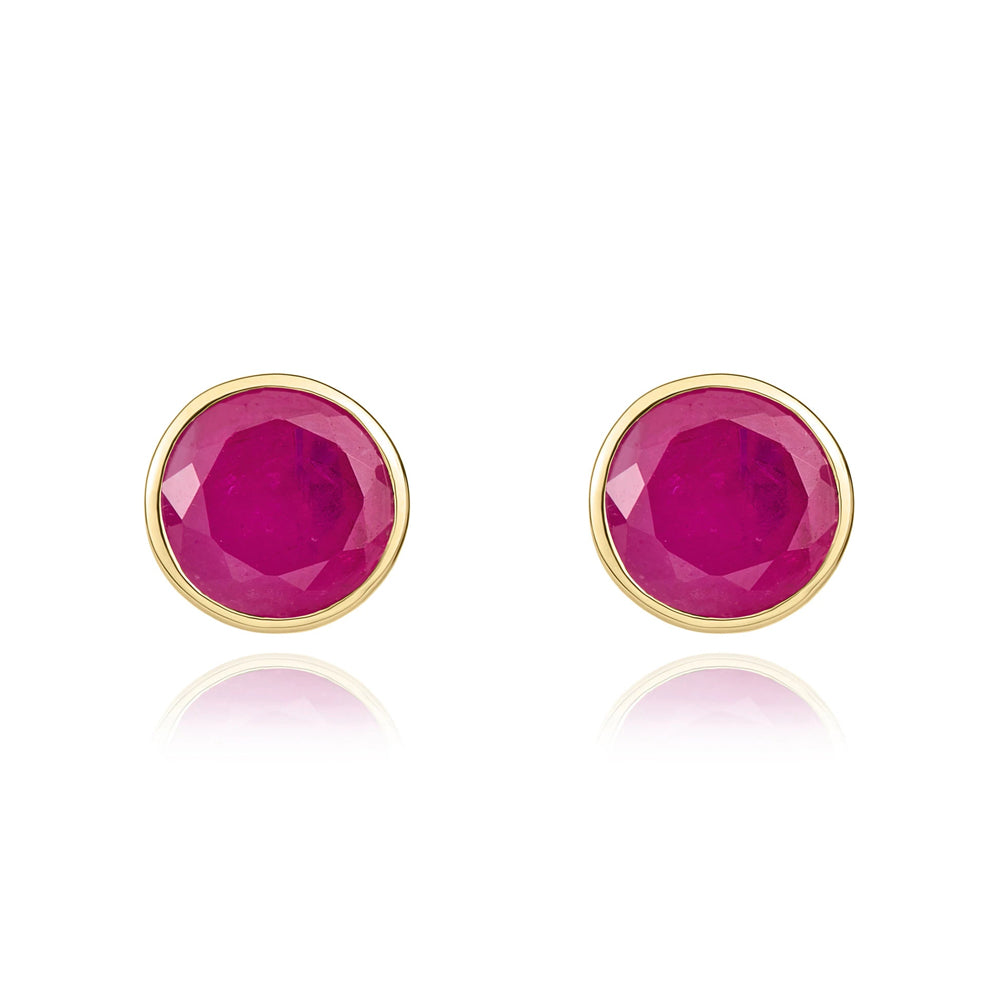 9ct Yellow Gold Ruby 5mm Round Rub Over Set Stud Earrings - Gold