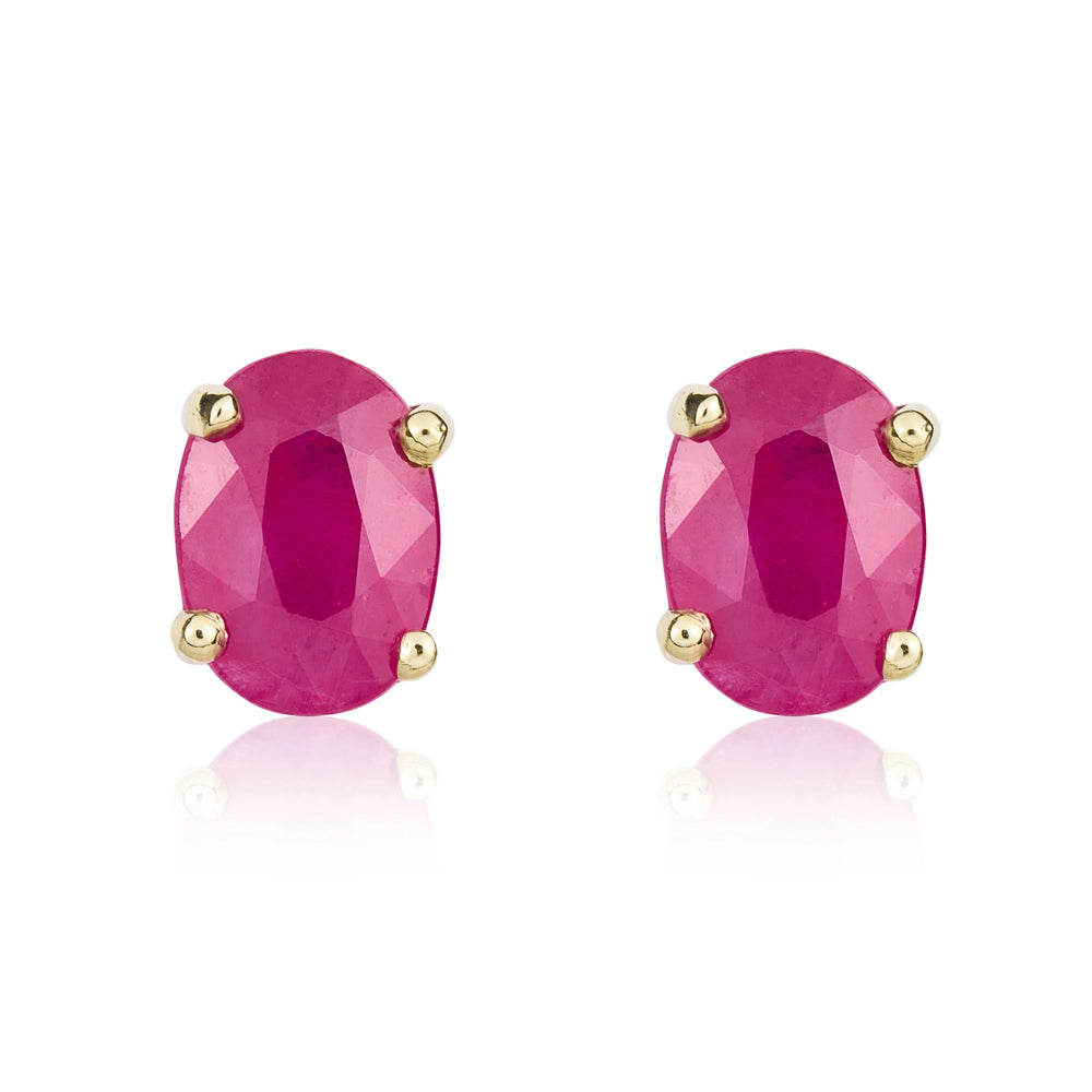 9ct Yellow Gold Ruby 7x5mm Oval Claw Set Stud Earrings - Gold