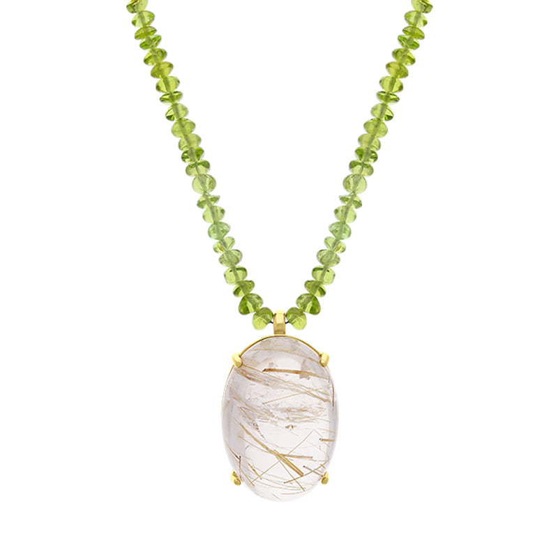9ct yellow Gold Rutilated Quartz Peridot Beaded Necklace D - Gold