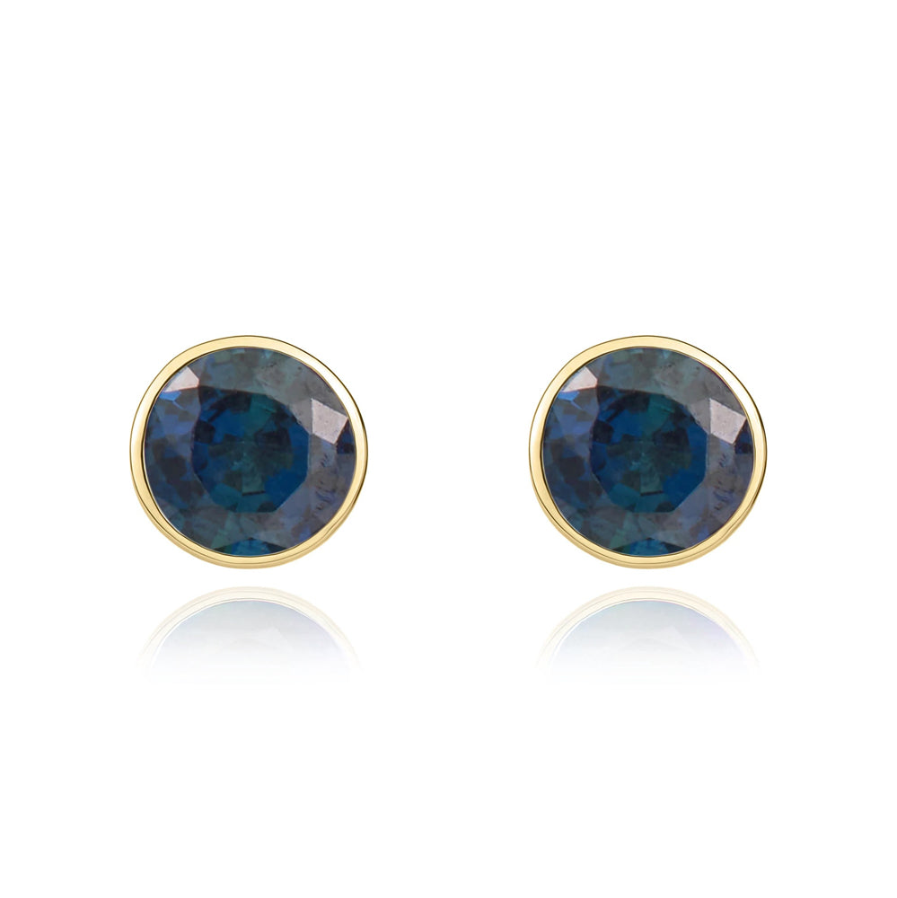 9ct Yellow Gold Sapphire 5mm Round Rub Over Set Stud Earrings - Gold