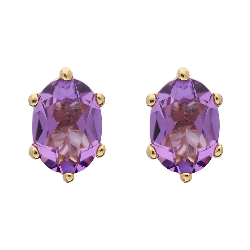 9ct Yellow Gold Sterling Silver Amethyst Stepping Stones 4x7mm Oval Claw Set Stud Earrings