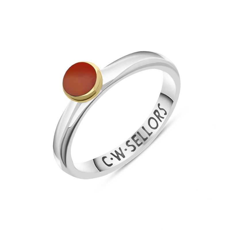 9ct Yellow Gold Sterling Silver Carnelian Stepping Stones 5mm Round Bezel Set Ring