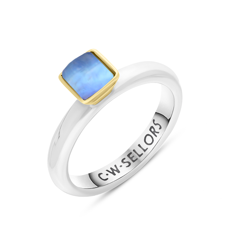 9ct Yellow Gold Sterling Silver Moonstone Stepping Stones 5mm Square Bezel Set Ring